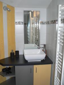 La salle de bains est pourvue d'un lavabo blanc sur un comptoir noir. dans l'établissement Maison de ville indépendante - Le Petit Siam, à Clermont-Ferrand