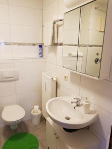 Un baño con lavabo, inodoro y espejo. en Ferienwohnung Zoja, en Rust 9 fotos más