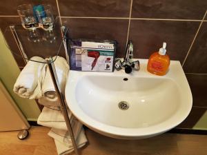 - un lavabo dans la salle de bains avec une bouteille de savon dans l'établissement GreatStay Saarbrücken, à Sarrebruck