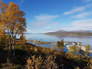 a view of a lake with boats in the water at Malangen Apartment in Kjerkevik