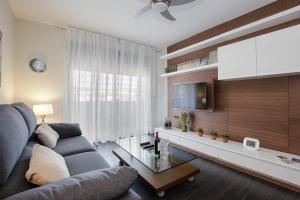 a living room with a couch and a tv at Atico Be suite Granada in Granada
