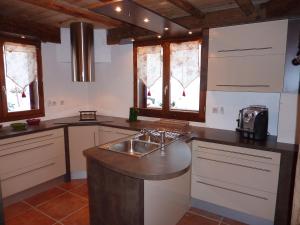 a kitchen with a sink and some windows at Chalet Le Tredard in Feissons-sur-Salins