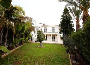 ein großes weißes Haus mit Palmen im Hof in der Unterkunft The White House in Larnaka