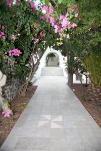 a walkway lined with pink flowers in a garden at Atrium Villa in Fira