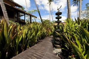 a wooden pathway through a garden with plants at Reef Villa in Wadduwa