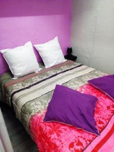 ヴァルラ・プラージュにあるcoquet appartement valras plageのベッド(紫と白の枕付)