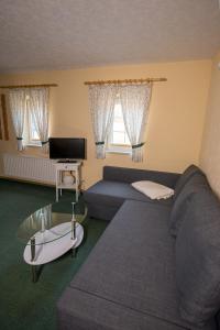 ein Wohnzimmer mit einem Sofa und einem Tisch in der Unterkunft Pension Immergrün in Kurort Jonsdorf