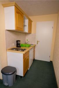 a small kitchen with wooden cabinets and a green floor at Pension Immergrün in Kurort Jonsdorf