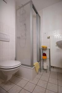 uma casa de banho com um chuveiro, um WC e um lavatório. em Pension Immergrün em Kurort Jonsdorf