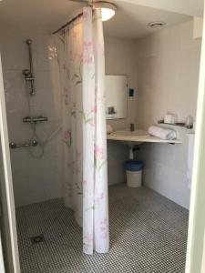 W łazience znajduje się prysznic z zasłoną prysznicową. w obiekcie Le bistrot d eugenie w mieście Eugénie-les-Bains