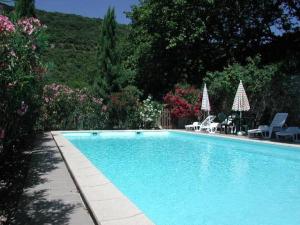 una piscina con sillas y sombrillas en un patio en Chambres d'hôtes Domaine de Pélissols, en Bédarieux