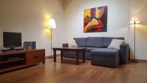 Una sala de estar con un sofá azul y un televisor. en Apartment 41 Miodowy Pod Aniołem, en Kazimierz Dolny