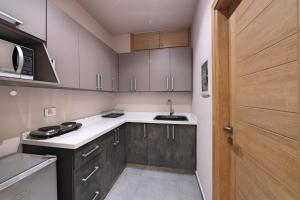 a kitchen with gray cabinets and a sink and a door at The Residence 649 in An Naqqāsh