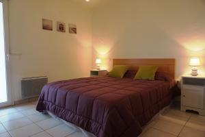 ビスカロッスにある308 RÉSIDENCE COTE OCÉAN -094のベッドルーム1室(大型ベッド1台、緑の枕2つ付)