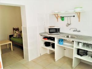 a small kitchen with a sink and a microwave at Apartamentos Calypso in Punta Umbría