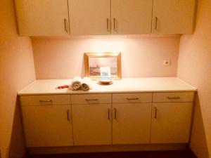 a room with white cabinets and a mirror on a shelf at Bijou Brussels > Parvis St Pierre in Brussels +10 photos