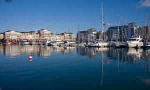 a group of boats docked in a harbor with buildings at LUXURY BEACHFRONT OUTSTANDING 2 bedroom APARTMENT in Eastbourne