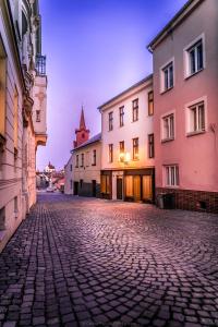 a cobblestone street with buildings and a clock tower at Lucerna - dům s duší Příbor in Příbor