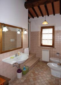W łazience znajduje się umywalka, toaleta i lustro. w obiekcie Podere Cacchini w mieście Pienza