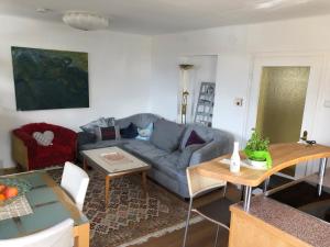 ein Wohnzimmer mit einem Sofa und einem Tisch in der Unterkunft Atelierwohnung Jirana in Saalfelden am Steinernen Meer