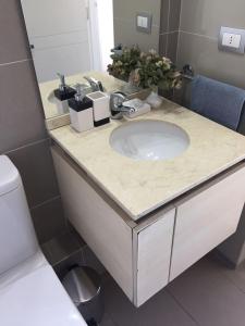 a bathroom counter with a sink and a toilet at Departamento Costa de Montemar in Concón