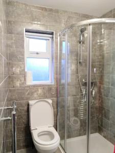 baño con aseo y ducha y ventana en Number 4 en Derry