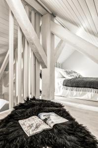 a room with two beds and a book on a rug at La Gloriette in Annecy