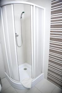 a shower with a glass door in a bathroom at Budget Apartment in Prague