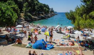 a crowd of people on a beach with the ocean at Apartment Niksa in Pula