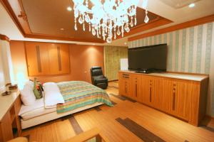 a bedroom with a bed and a flat screen tv at Sari Resort Daito (Adult only) in Daitō