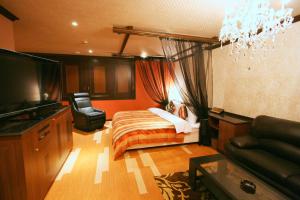 a bedroom with a bed and a couch and a television at Sari Resort Daito (Adult only) in Daitō