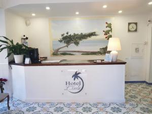 a hotel lobby with a reception desk with a picture of the ocean at Hotel L'Isola in Santa Marinella