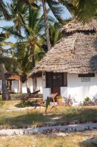 Cabaña con techo de paja, banco y palmeras en Kilwa Beach Lodge, en Kilwa Masoko