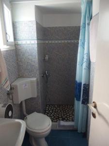 a bathroom with a shower with a toilet and a sink at Pension Titika in Katapola