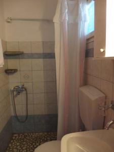 a bathroom with a shower with a toilet and a sink at Pension Titika in Katapola