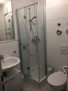 a bathroom with a shower and a toilet and a sink at Münster City Apartment in Münster