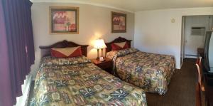 una camera d'albergo con due letti e una lampada di Economy Inn Bloomington a Bloomington