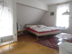 フライブルク・イム・ブライスガウにあるFewo Am Rathausplatzのベッドとラグ付きの小さなベッドルーム1室が備わります。