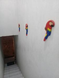 a wall with figurines of a parrot on it at Pousada Aconchego de Mãe in Fortaleza