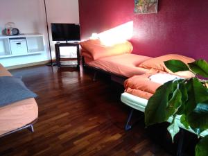 a living room with a couch and a tv at Casa Argo in antico borgo medievale in Borgo a Buggiano