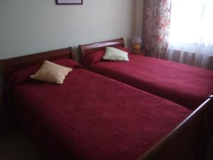 2 bedden in een slaapkamer met rode lakens en kussens bij Appartement Les Berges de l'Ornain in Bar-le-Duc