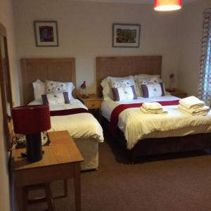 a hotel room with two beds and two lamps at Island View B&B in Roundstone