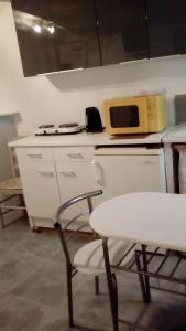 a kitchen with a table and a microwave on a counter at Apartment Des Romains in Sospel