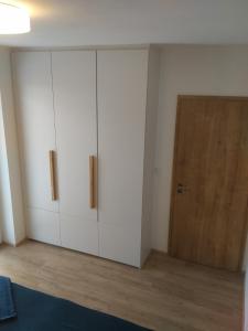 Cette chambre dispose de placards blancs et d'une porte en bois. dans l'établissement Apartmány Sport Dolní Morava, à Dolní Morava