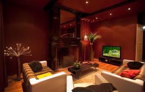 ein Wohnzimmer mit Sofas und Kamin und einem Fernseher in der Unterkunft Domaine de Carrière in Marvejols