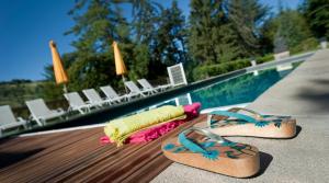 ein Paar Flip-Flops auf einem Deck in der Nähe eines Pools in der Unterkunft Domaine de Carrière in Marvejols + 23 Fotos