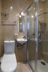 a bathroom with a toilet and a shower and a sink at Jasmine Cottage in Kelsale