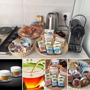 a collage of pictures of food and drinks on a counter at Relais Merizzi in Tirano