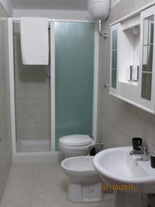 ein Bad mit einem WC, einem Waschbecken und einer Dusche in der Unterkunft Ostello Bella Calabria in Torre Ritani