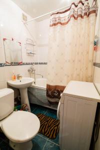 uma casa de banho com um WC, um lavatório e um chuveiro em Пионерский,46 em Novokuznetsk